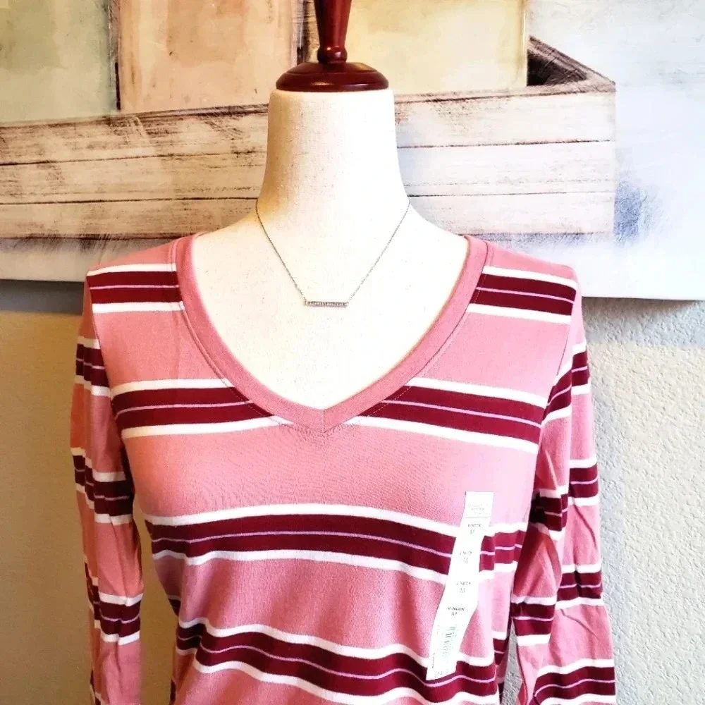 SO | Essential V-Neck Long Sleeve T-Shirt in Pink Stripe sz Various